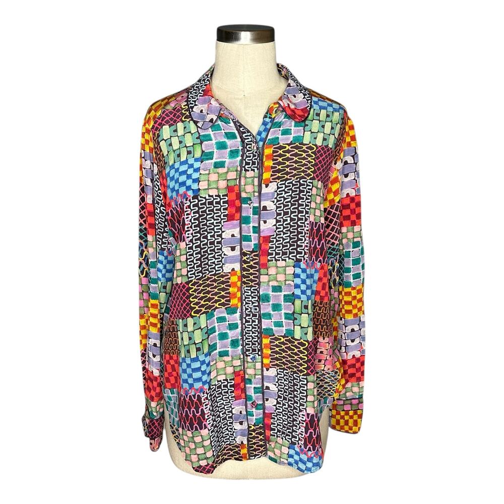 JOHNNY WAS Isadora Waves Long Sleeve Silk Patchwork Button Down Blouse Women's